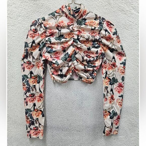 PLT 6 Ivory Red Yellow Green Fade Garden Rose Long Sl Ruched Crop Chiffon Top - Picture 1 of 8